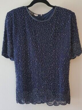 Vintage Silk Beaded Navy Short-Sleeve Women's Top Formal Wear Blouse Back Zip